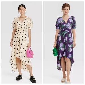 NWT 2 For 1 A New Day High Low Ruched Sleeve Dress 1 Polkadot & 1 Purple Flower